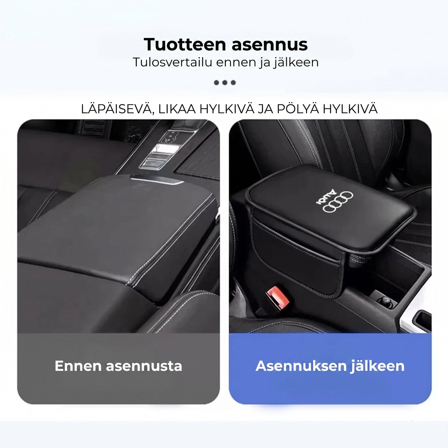 Auton keskikonsolin käsinojan suojus sivutaskuilla
