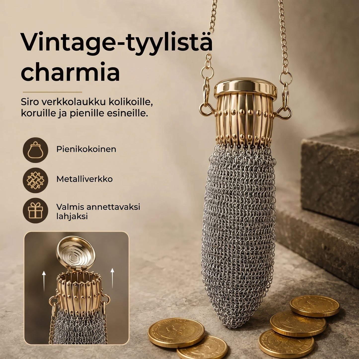 Vintage metalliverkkoinen kolikkopussi pikkutavaroille