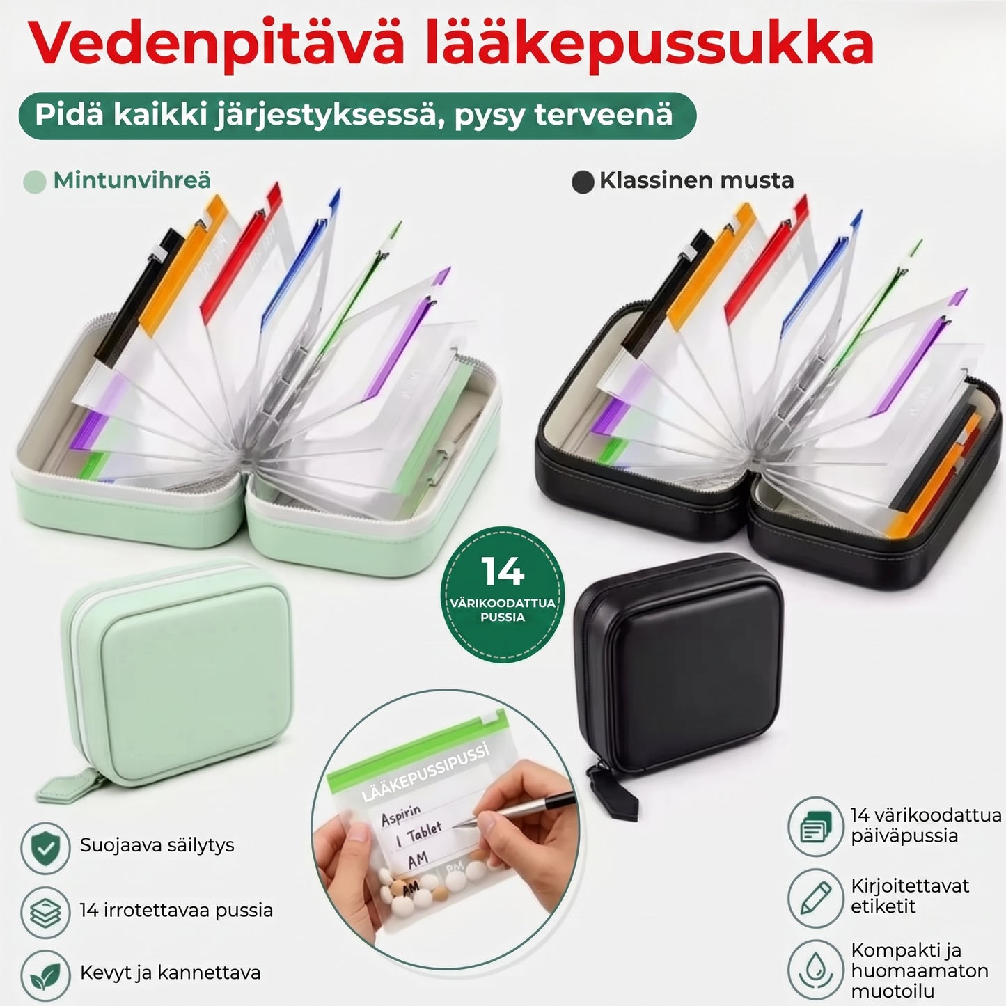 Vedenpitävät lääkepussit värikoodauksella