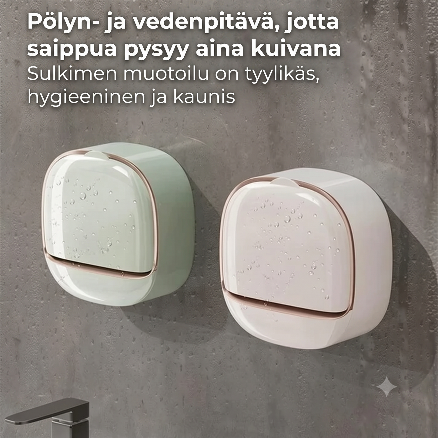 Vedenpitävä seinään kiinnitettävä saippuateline