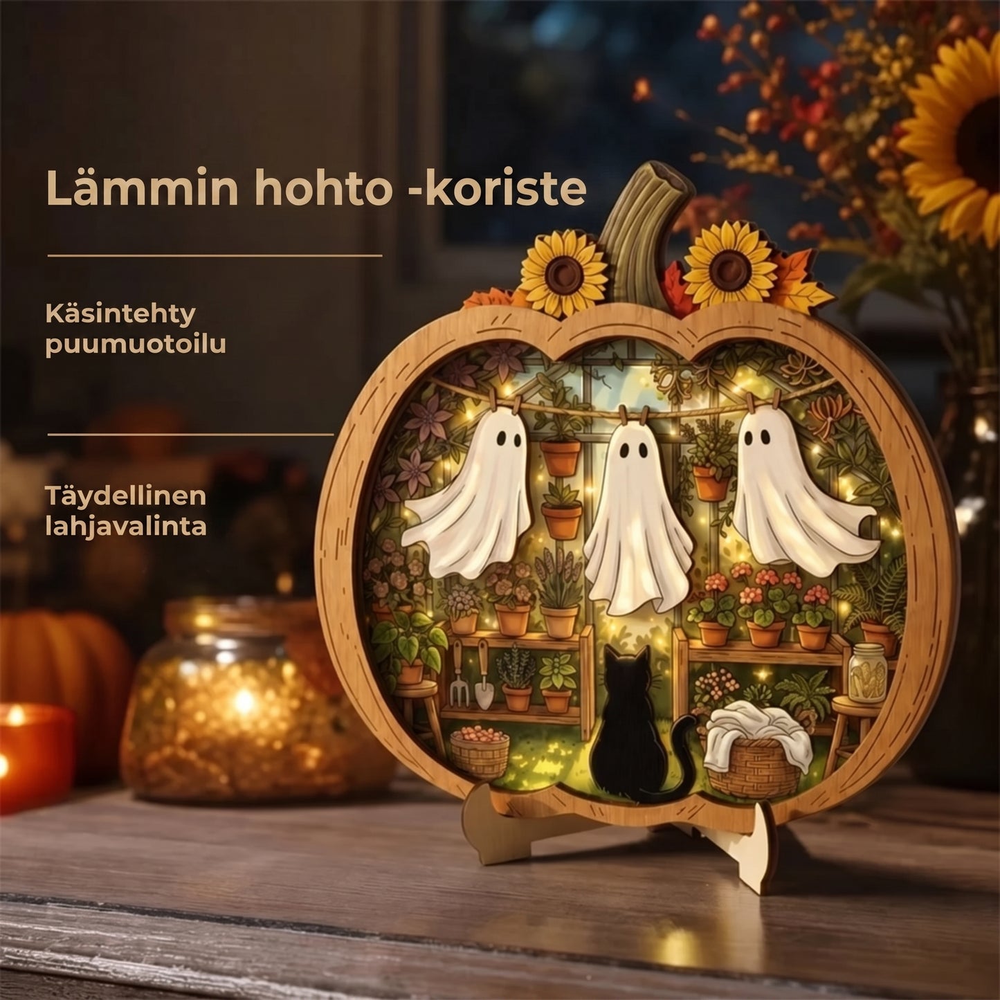 Puinen Halloween-kurpitsakoriste LED-valolla