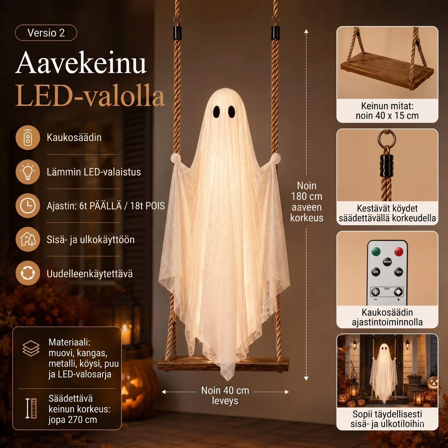 LED-valoilla varustettu roikkuva kummituskeinu Halloweeniksi