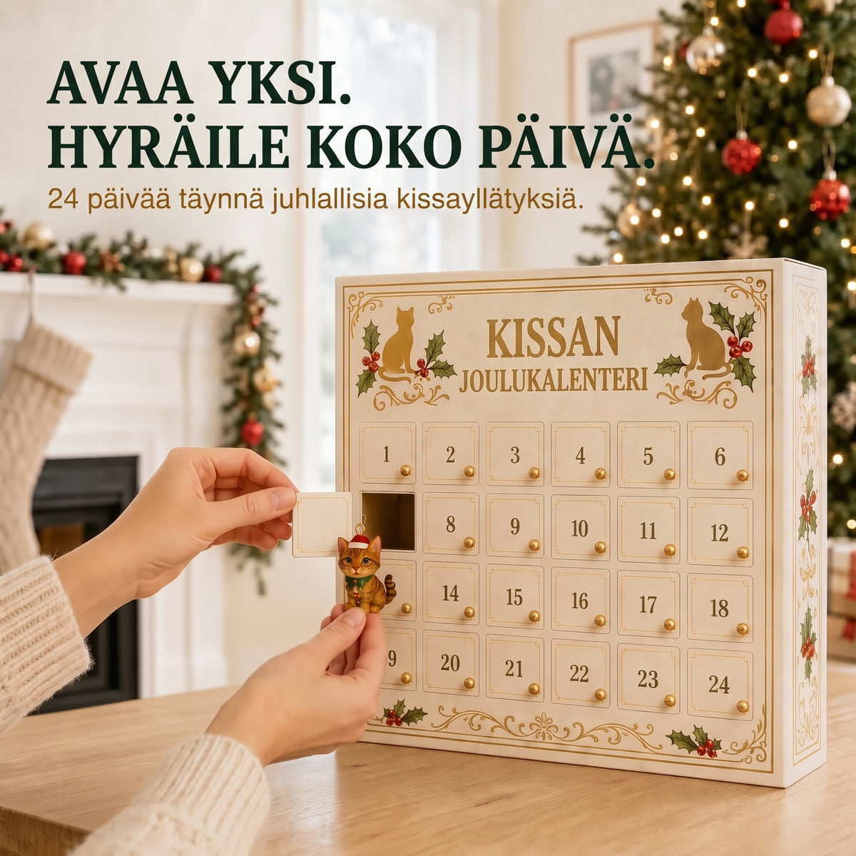 3D-kissa-adventtikalenteri yllätyslaatikoilla