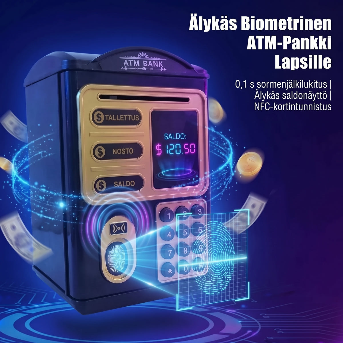 Automaattinen ATM-säästöpankki lapsille salasanalla