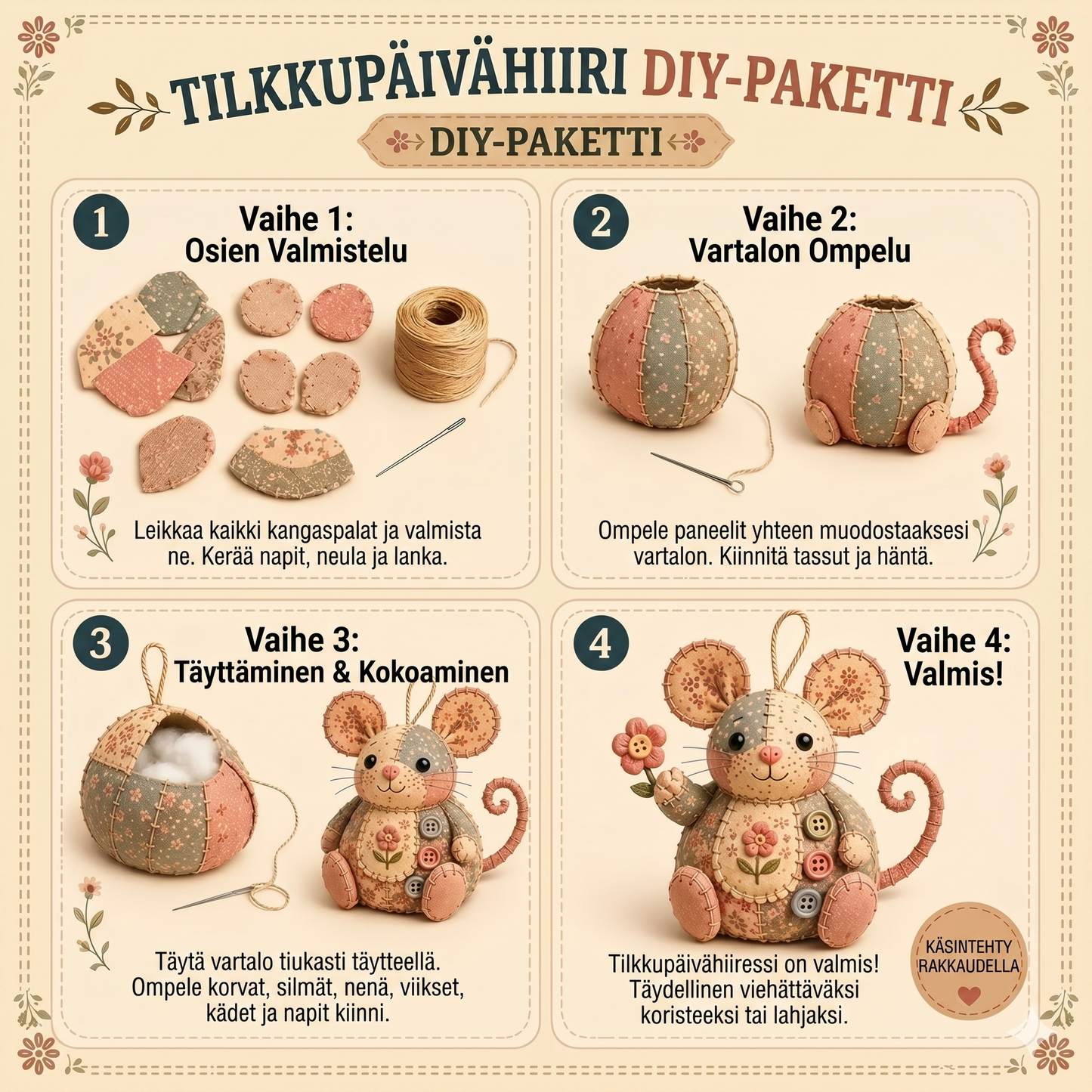 Täydellinen tee-se-itse-setti tilkkutyöhiiren valmistukseen - Sisältää kaikki materiaalit