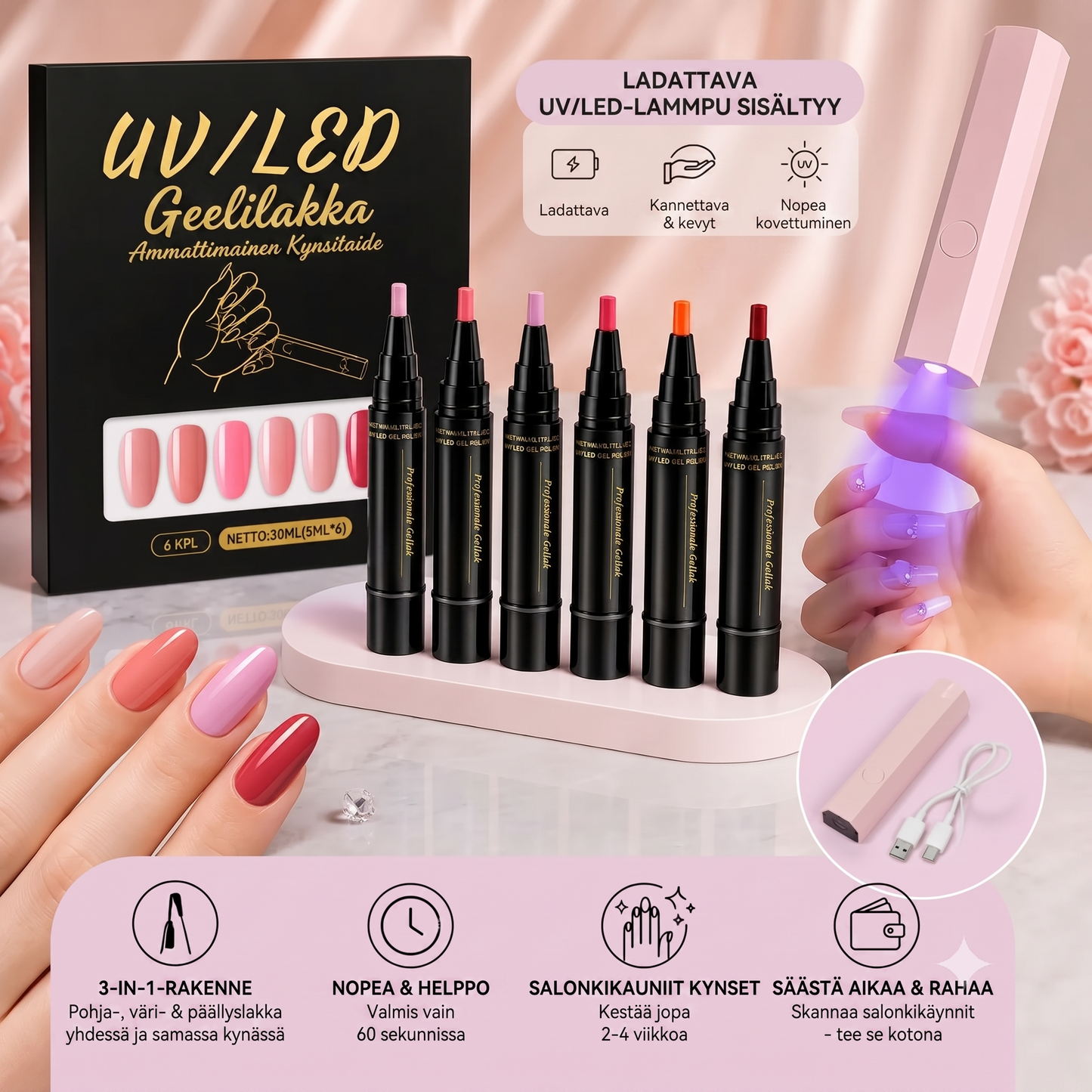 SalonPen 3-in-1 geelikynäsetti UV-LED-lampulla (6 kpl)