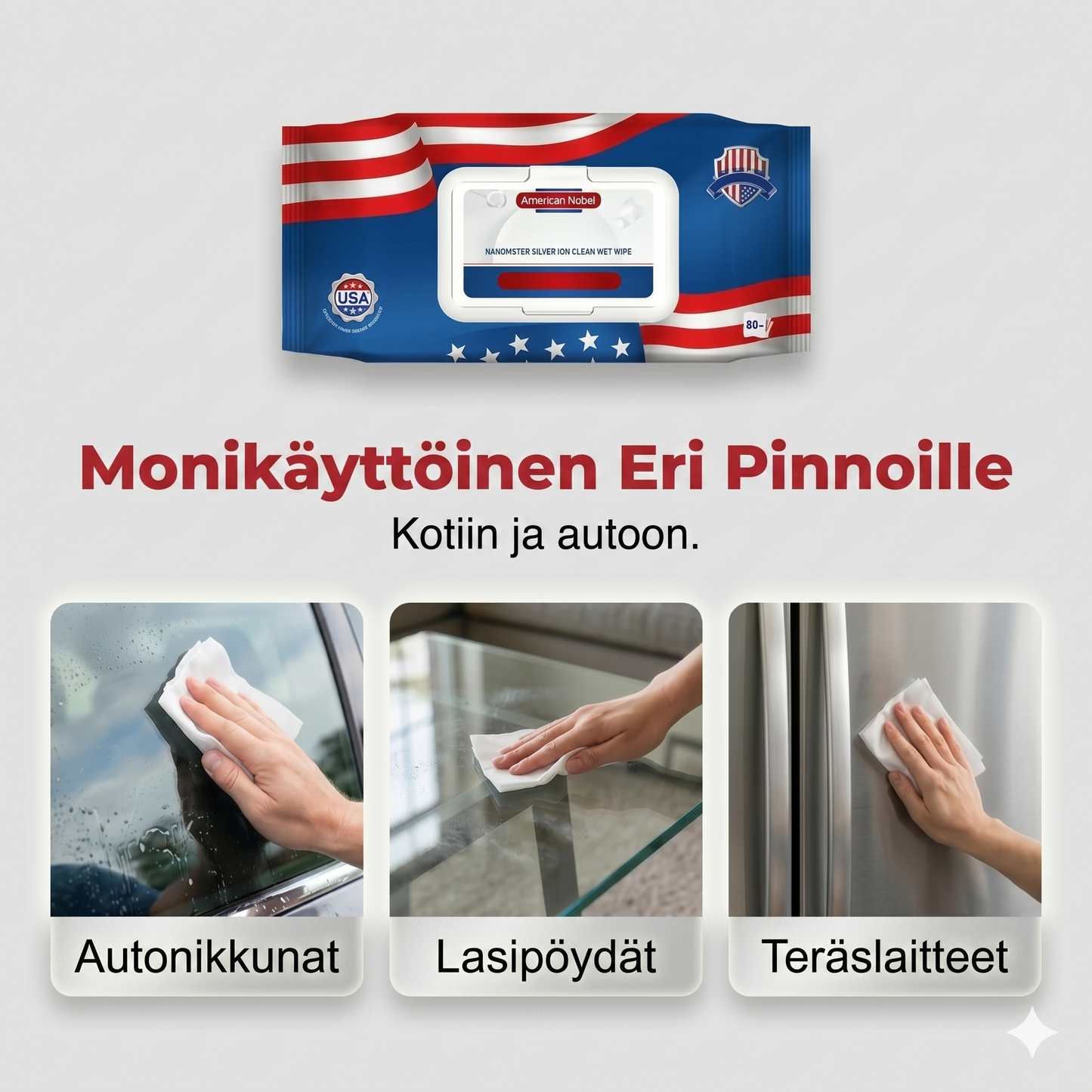 Yhdysvaltalaiset nanohopea-ioni ultra-puhtaat pyyhkeet (80 arkkia/pakkaus)