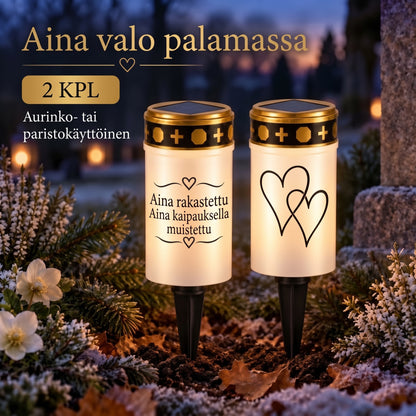 MinnesLjus LED-hautakynttilät 2 kappaleen setti aurinkokennolla tai paristolla