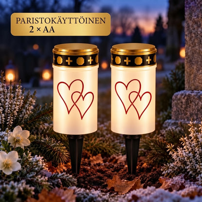 MinnesLjus LED-hautakynttilät 2 kappaleen setti aurinkokennolla tai paristolla