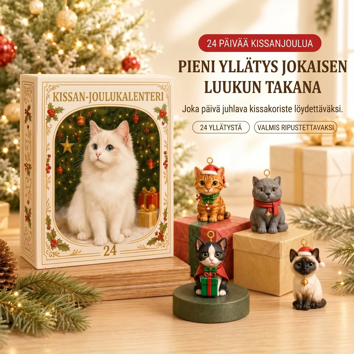 3D-kissa-adventtikalenteri yllätyslaatikoilla