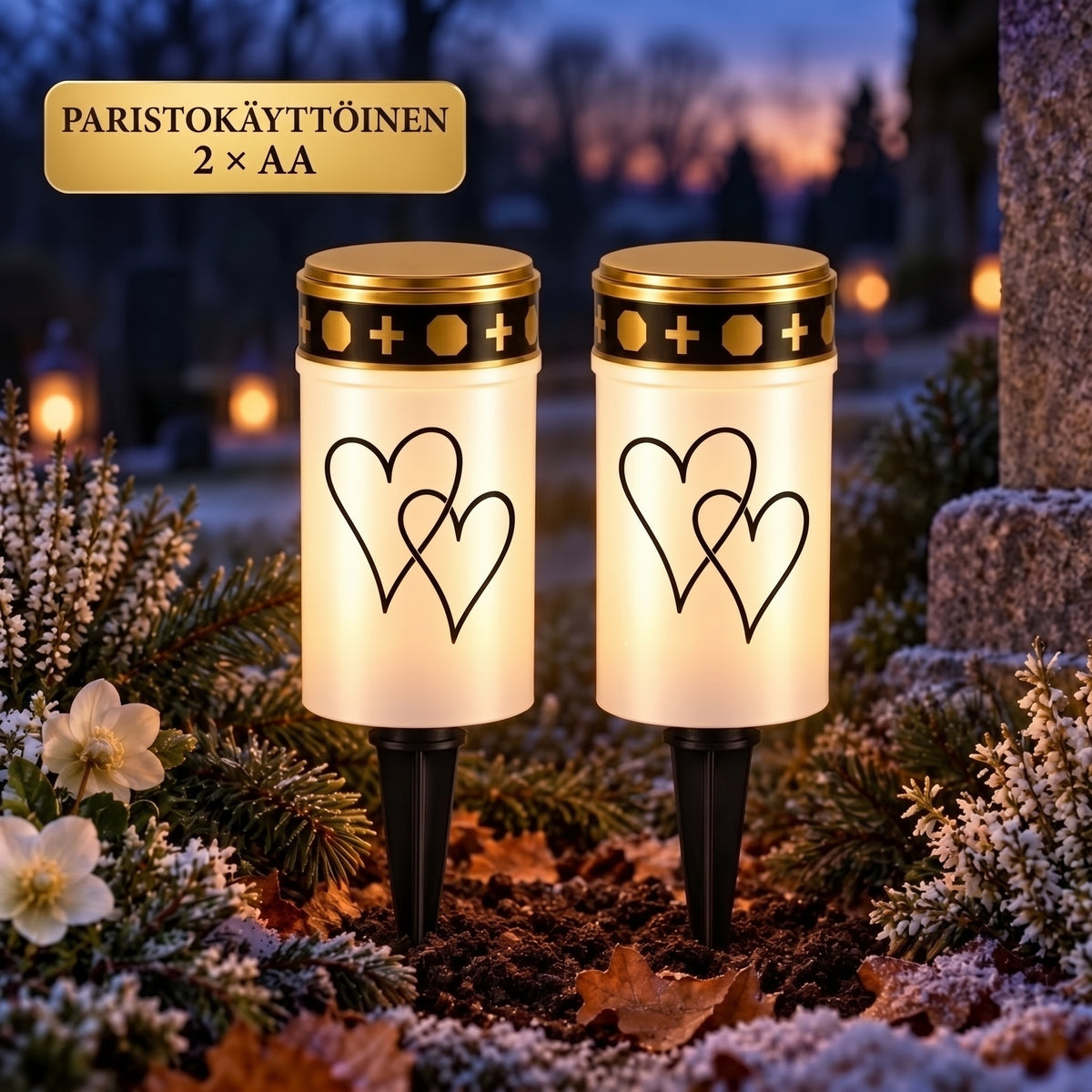 MinnesLjus LED-hautakynttilät 2 kappaleen setti aurinkokennolla tai paristolla