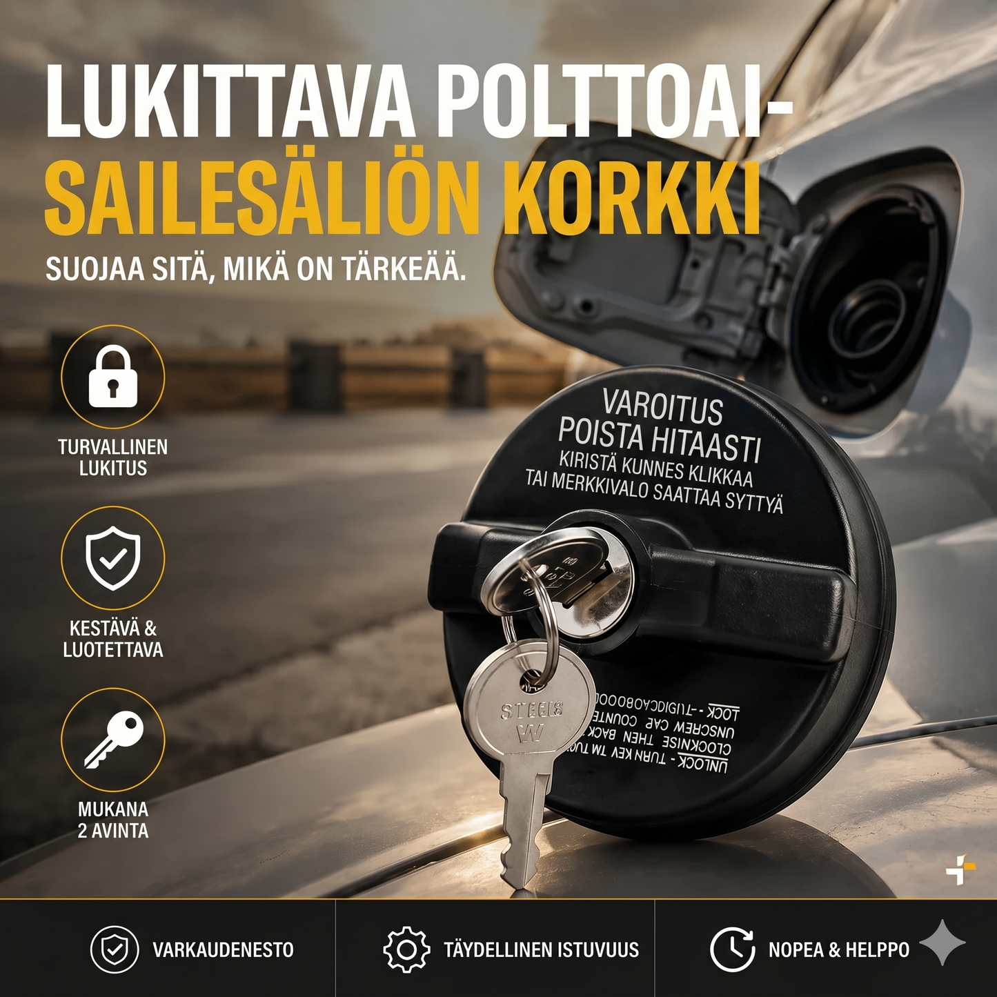 Lukittava polttoainekorkki avaimella