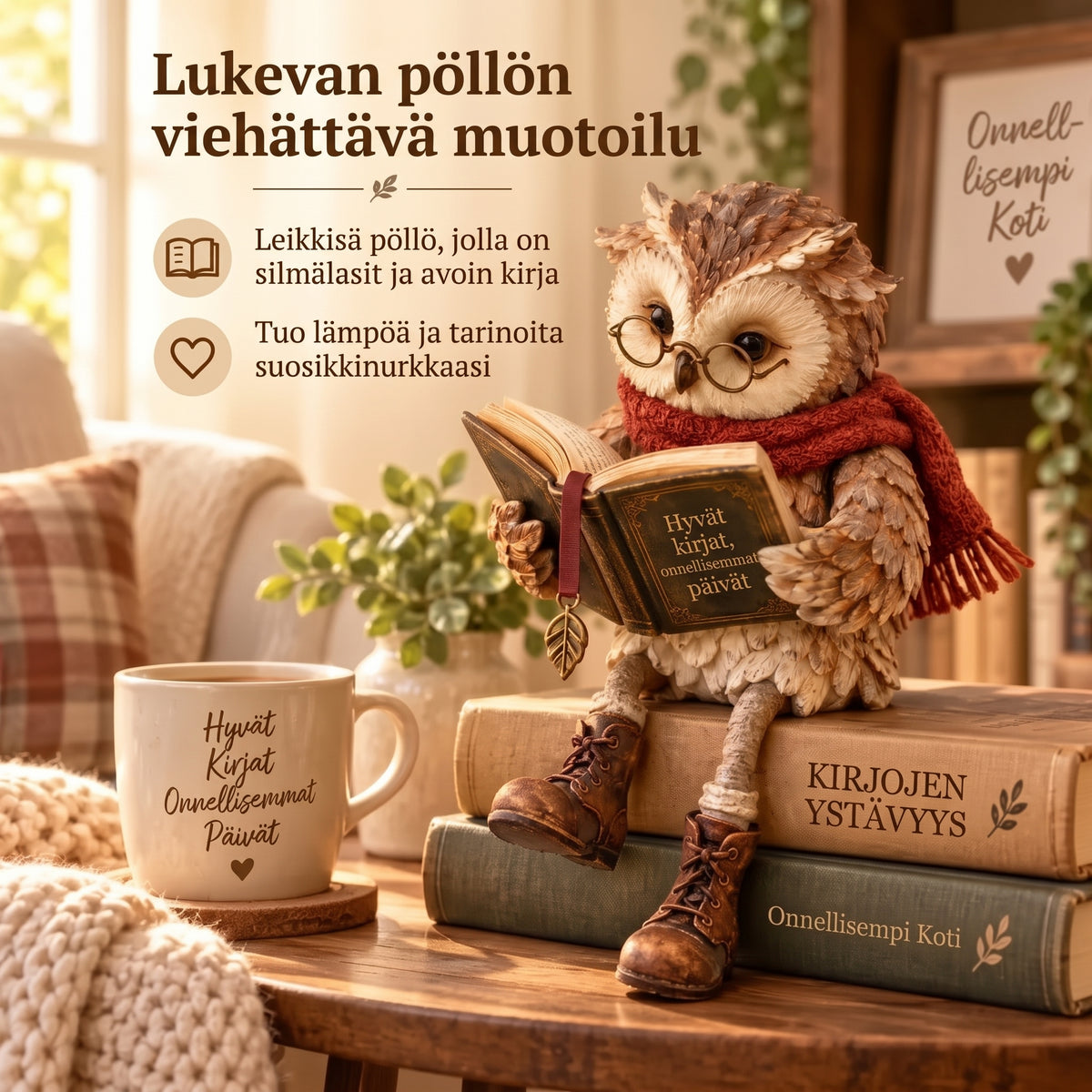Lukeva pöllöfiguuri kodin sisustukseen