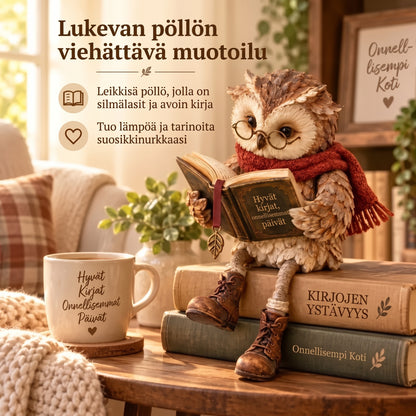 Lukeva pöllöfiguuri kodin sisustukseen