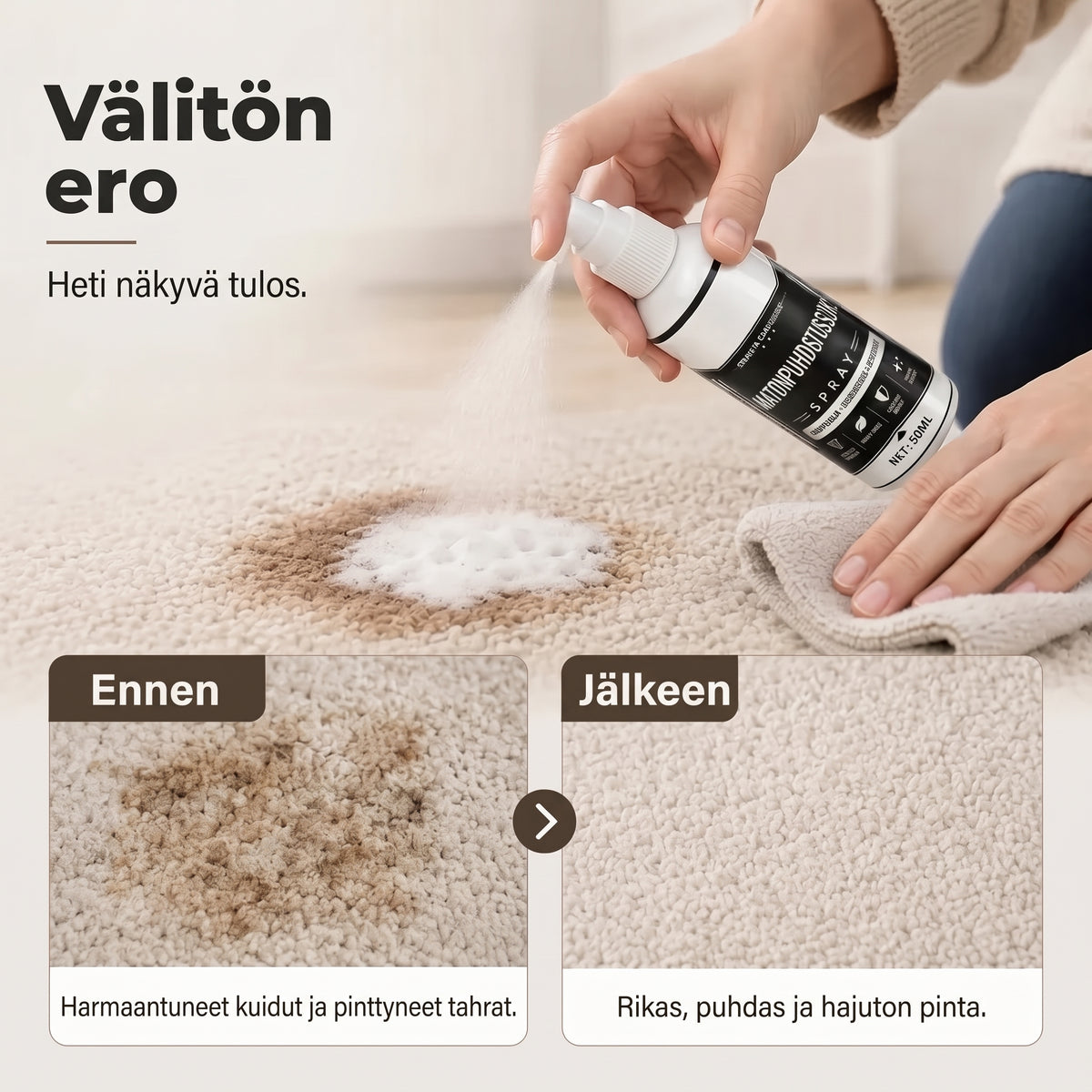 Tahranpoistoaine matoille ja verhoiluille ilman hankausta