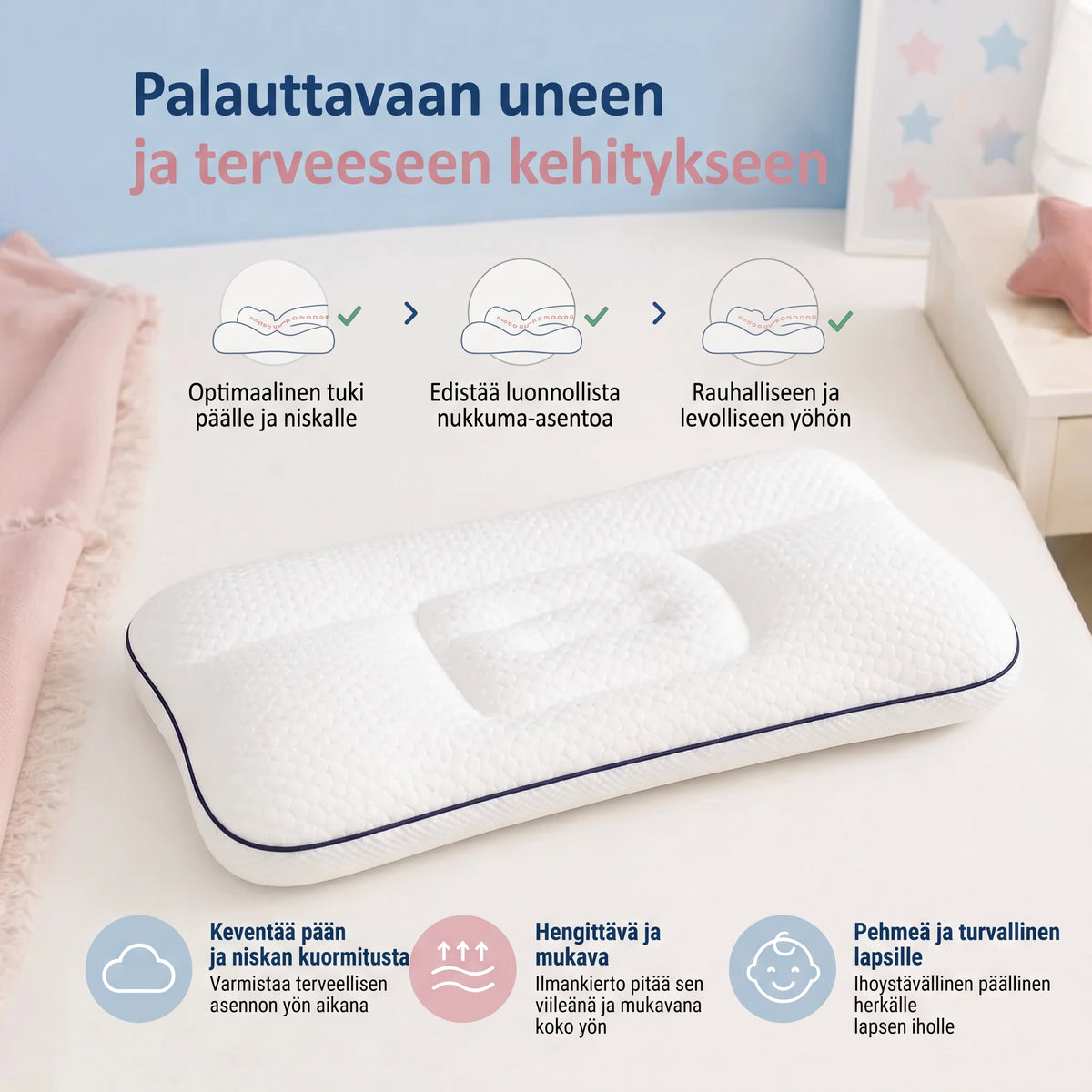 Ergonominen lasten muistivaahtotyyny niskatuella