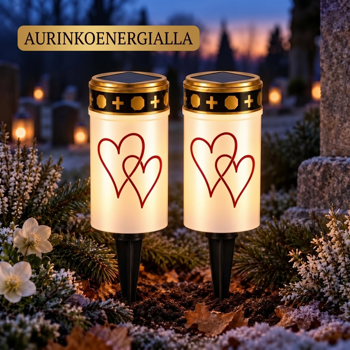 MinnesLjus LED-hautakynttilät 2 kappaleen setti aurinkokennolla tai paristolla