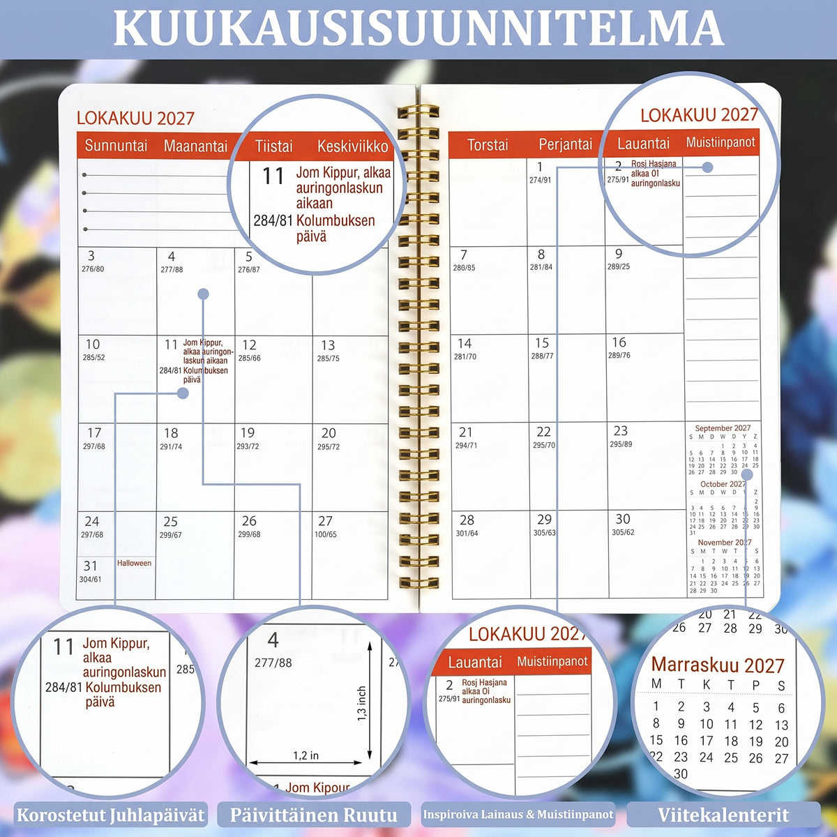 Viiden vuoden A5-kuukausikalenteri 2026–2030 skotlantilaisella ylämaankarjadesignilla