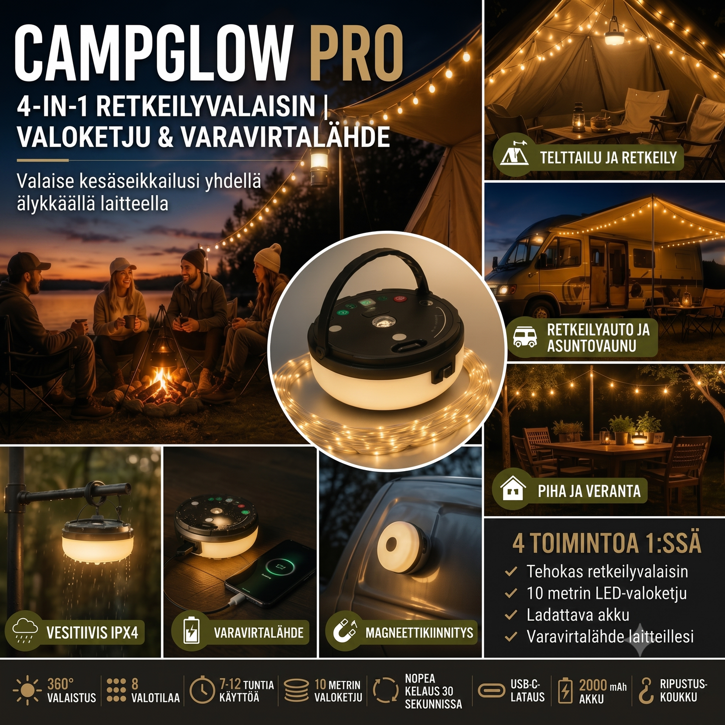 CampGlow 4-in-1 ladattava retkeilylamppu valonauhalla ja varavirtalähteellä