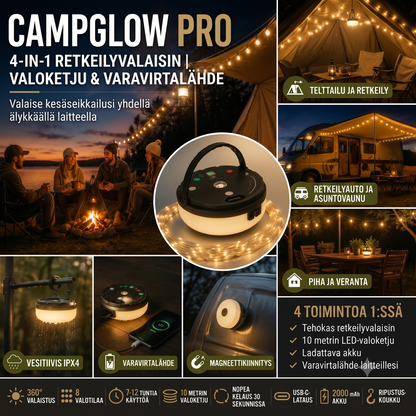CampGlow 4-in-1 ladattava retkeilylamppu valonauhalla ja varavirtalähteellä