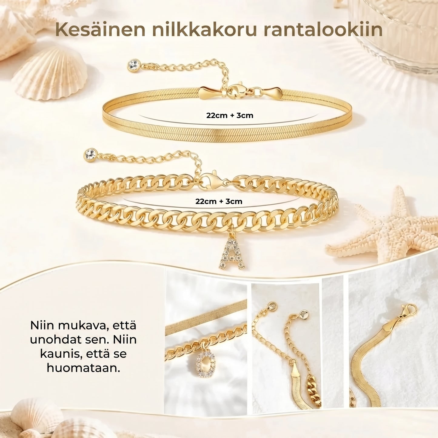 Kultaiset nilkkakorut nimikirjaimella 2 kpl