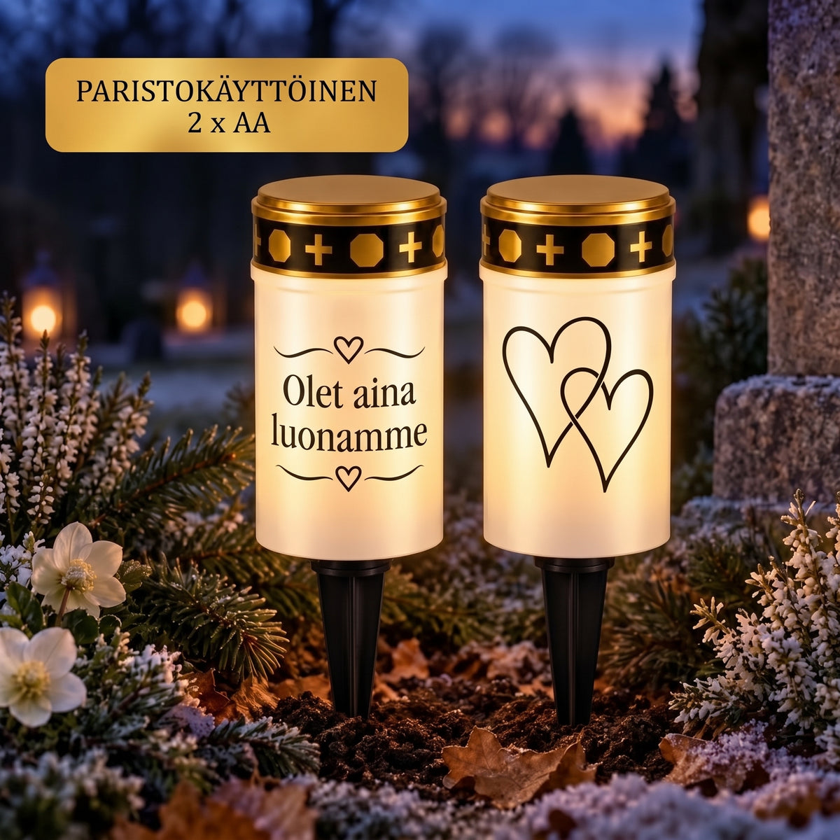 MinnesLjus LED-hautakynttilät 2 kappaleen setti aurinkokennolla tai paristolla