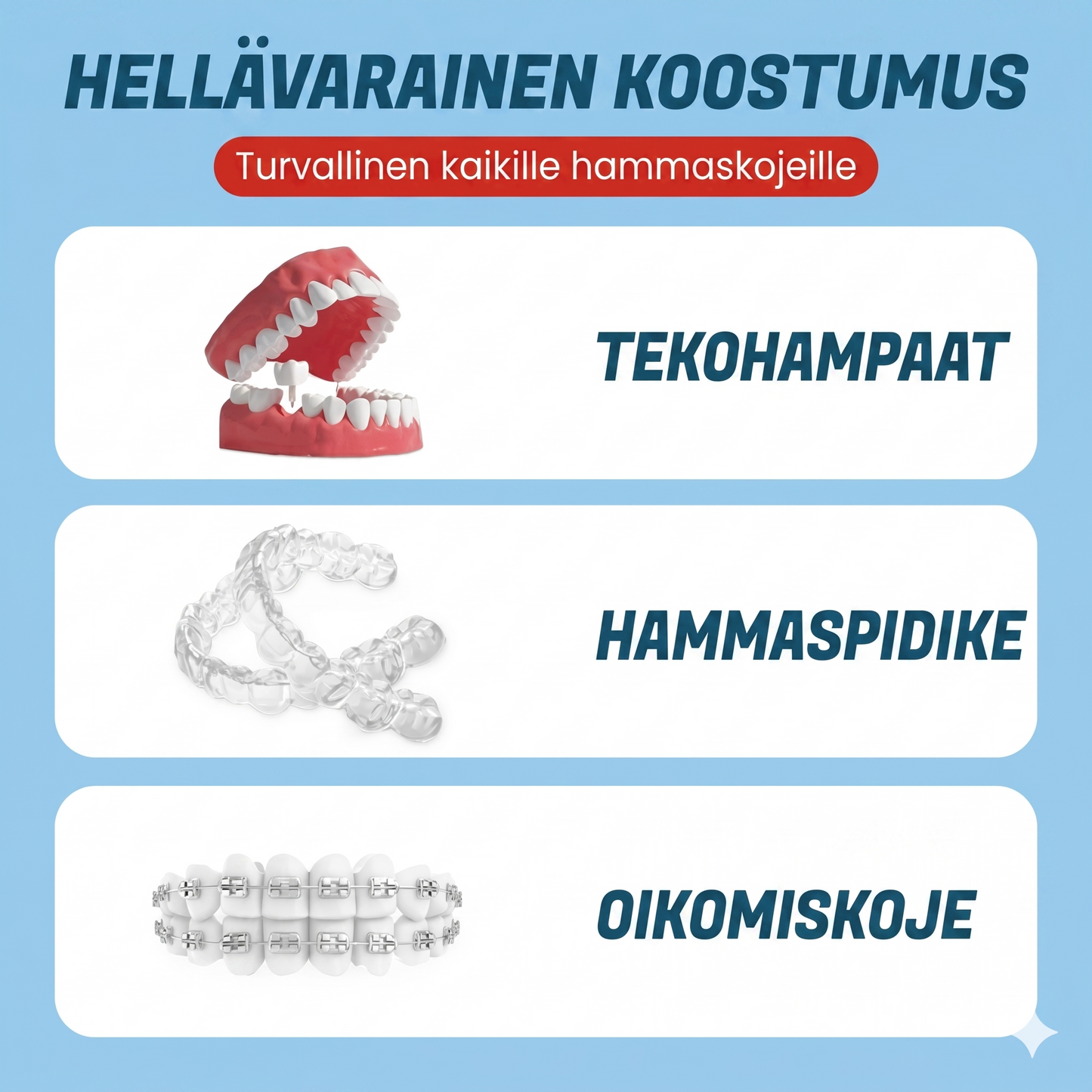 Puhdistustabletit hammasraudoille hajua ja tahroja vastaan (10 kpl per setti)