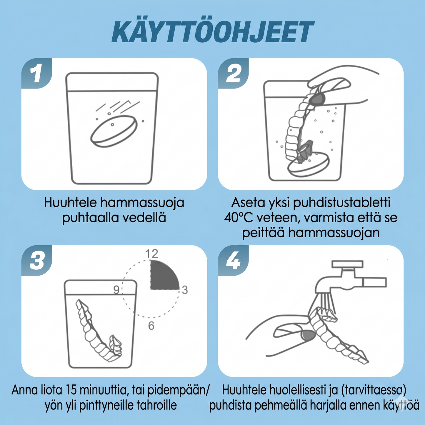 Puhdistustabletit hammasraudoille hajua ja tahroja vastaan (10 kpl per setti)