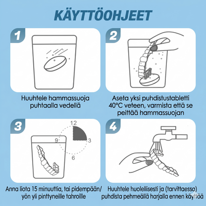 Puhdistustabletit hammasraudoille hajua ja tahroja vastaan (10 kpl per setti)