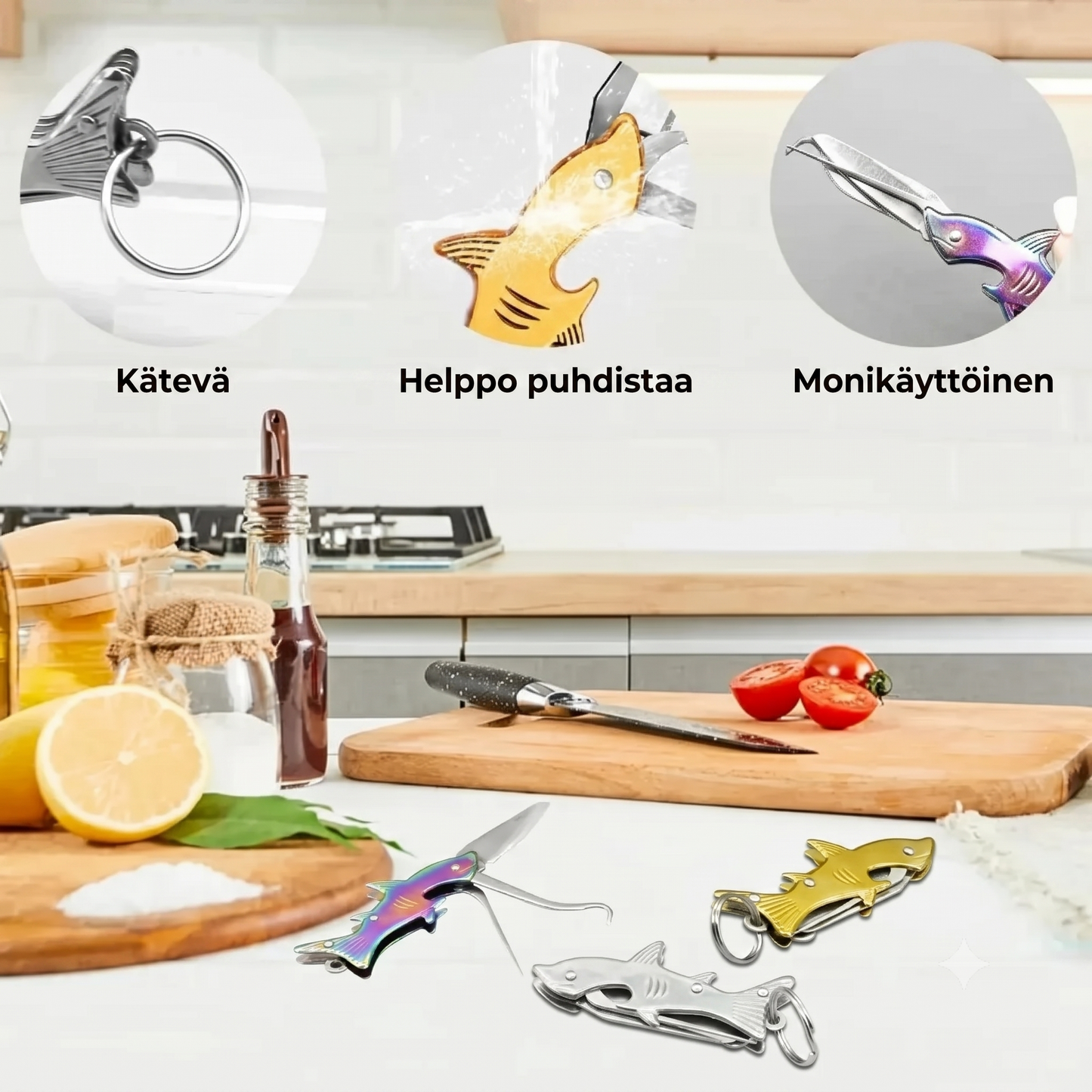 Hai-aiheinen 3-in-1 avaimenperä-monitoimityökalu