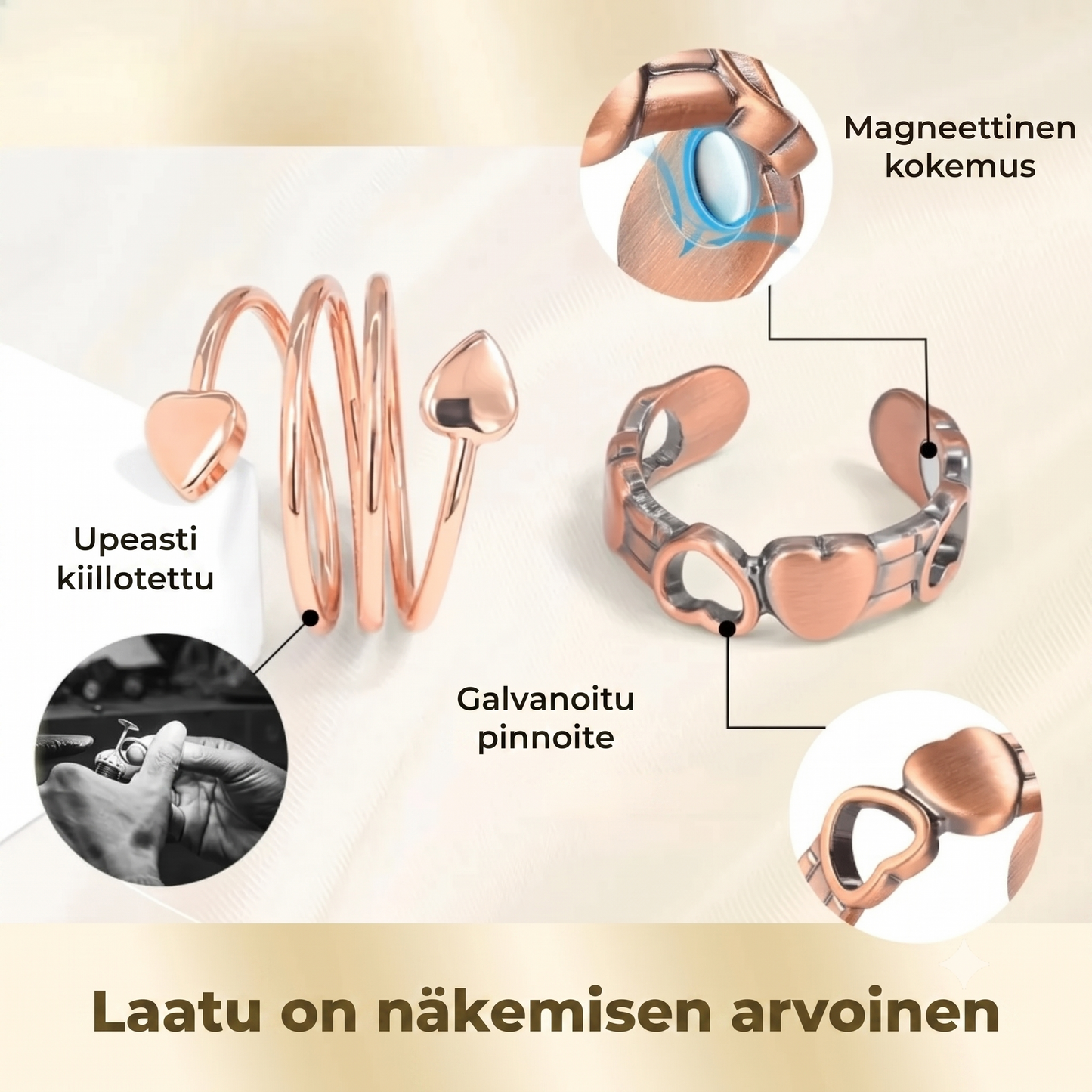Säädettävä kuparinen hyvinvointisormus magneeteilla