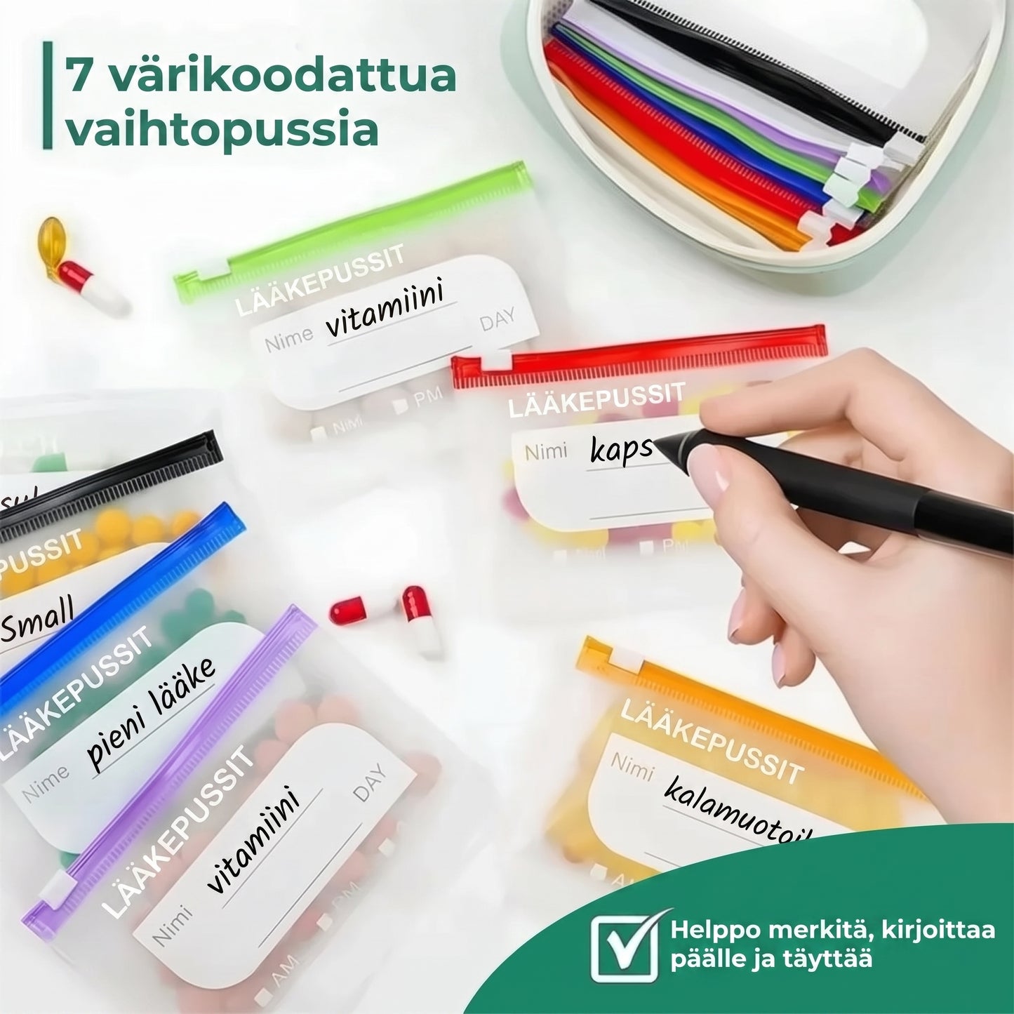 Vedenpitävät lääkepussit värikoodauksella