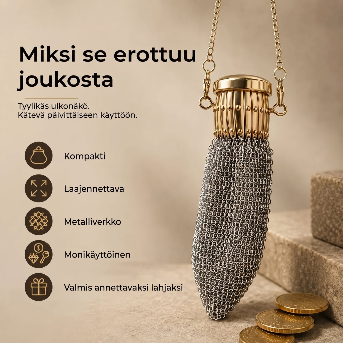 Vintage metalliverkkoinen kolikkopussi pikkutavaroille