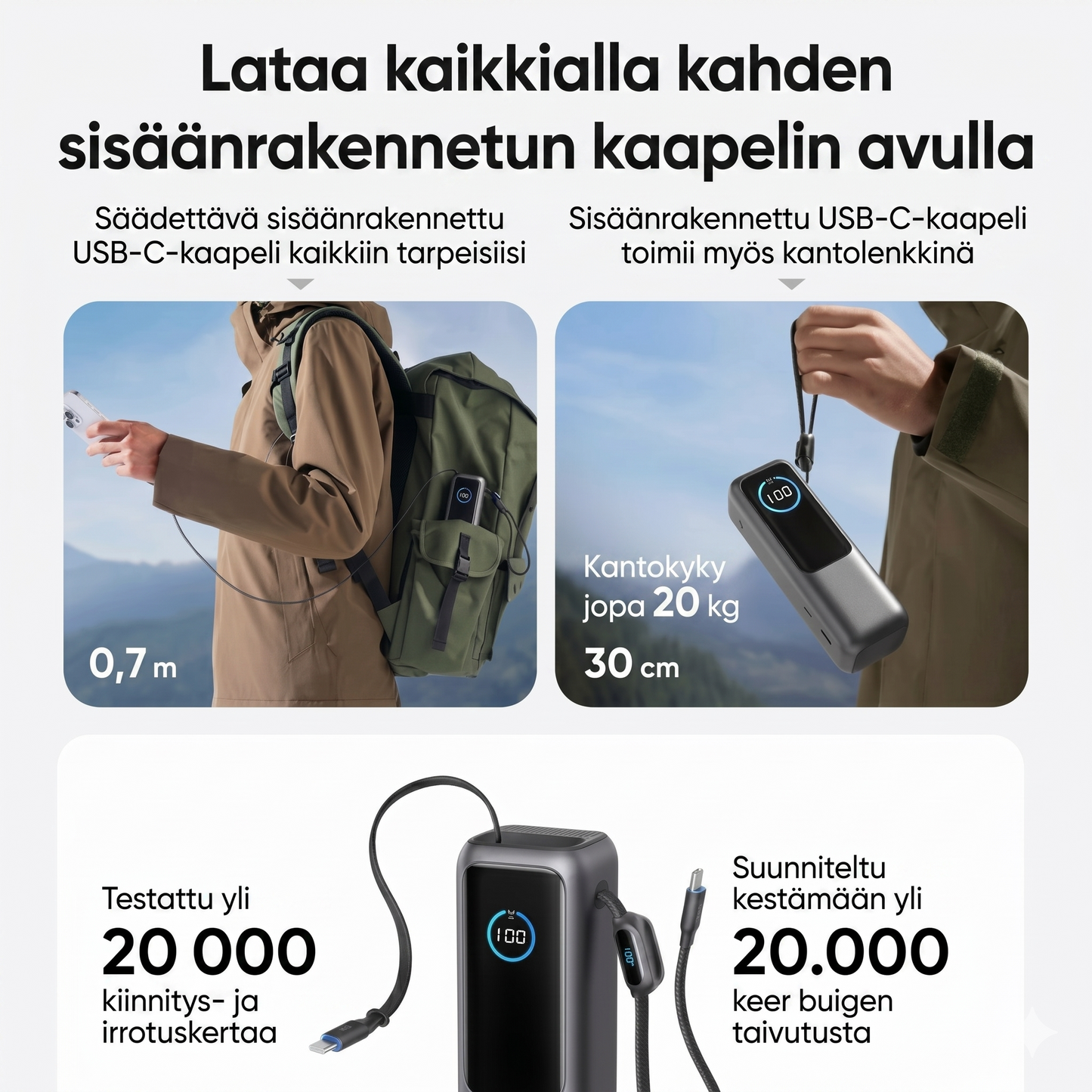 Varavirtalähde sisäänrakennetulla kaapelilla