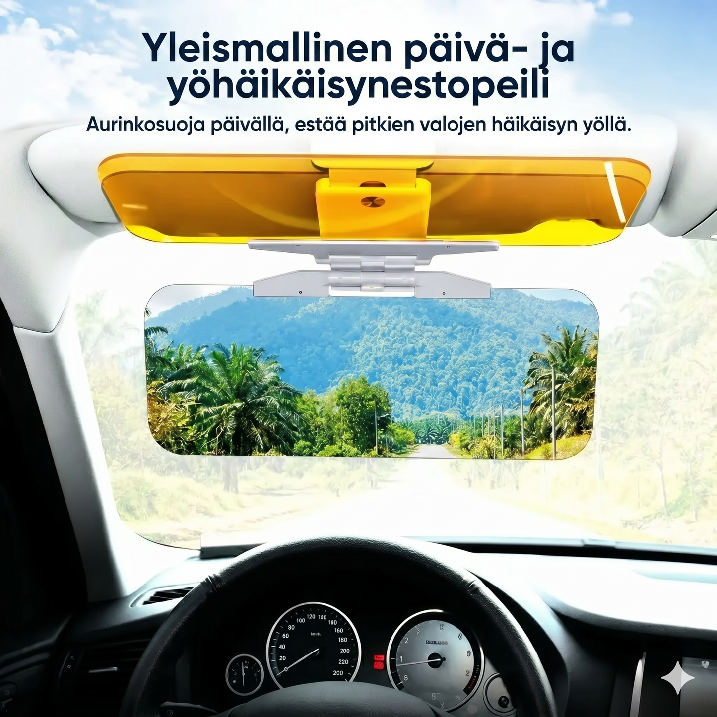 Klipsillä kiinnitettävä häikäisysuoja autoon