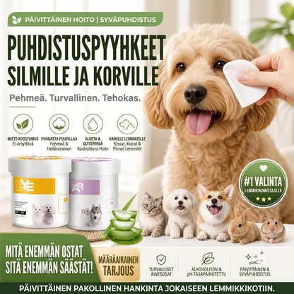 Alkoholittomat puhdistusliinat lemmikkien korville ja silmille