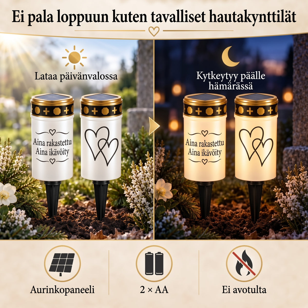 MinnesLjus LED-hautakynttilät 2 kappaleen setti aurinkokennolla tai paristolla