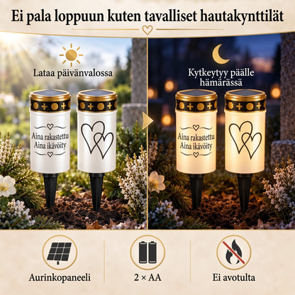 MinnesLjus LED-hautakynttilät 2 kappaleen setti aurinkokennolla tai paristolla