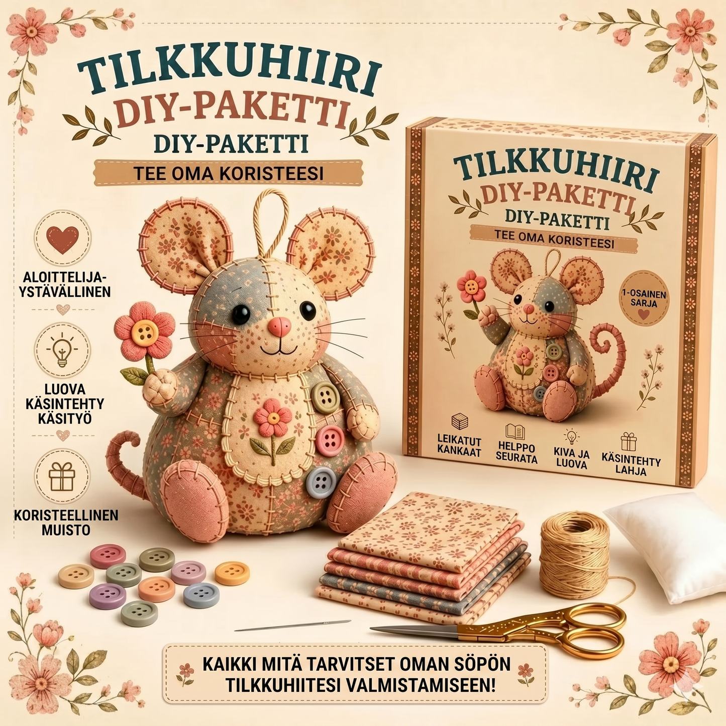 Täydellinen tee-se-itse-setti tilkkutyöhiiren valmistukseen - Sisältää kaikki materiaalit