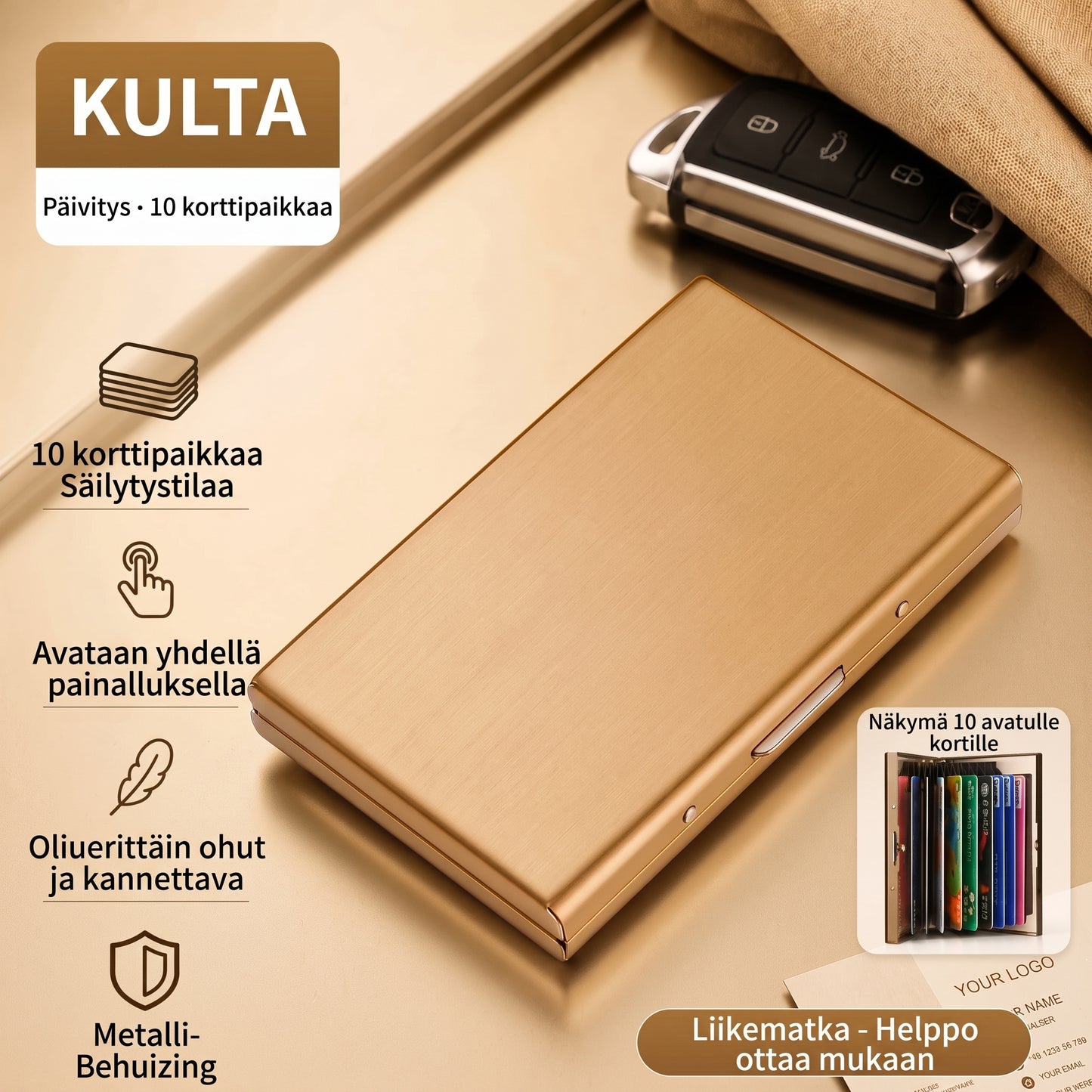 Ruostumattomasta teräksestä valmistettu RFID-korttikotelo 10 lokerolla