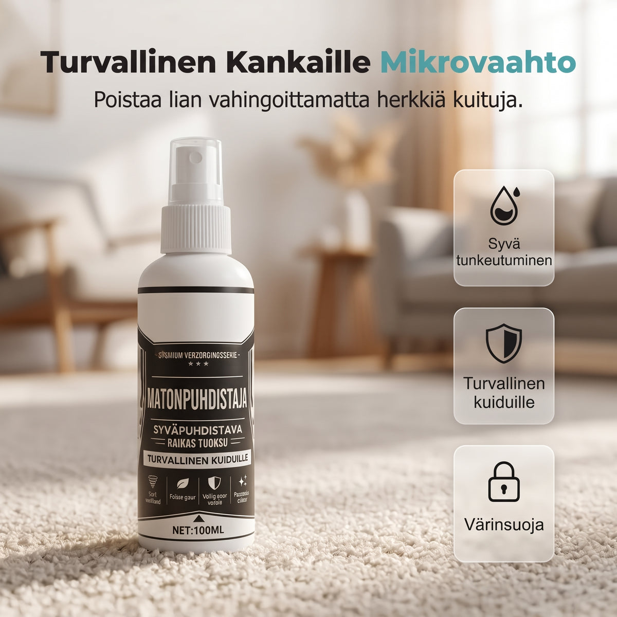 Tahranpoistoaine matoille ja verhoiluille ilman hankausta