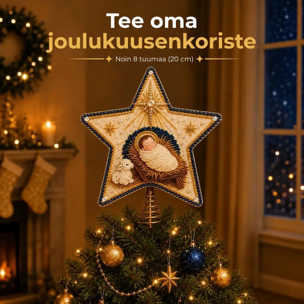 Uskonnollinen DIY-joulukuusentähtisetti helmillä ja timanteilla