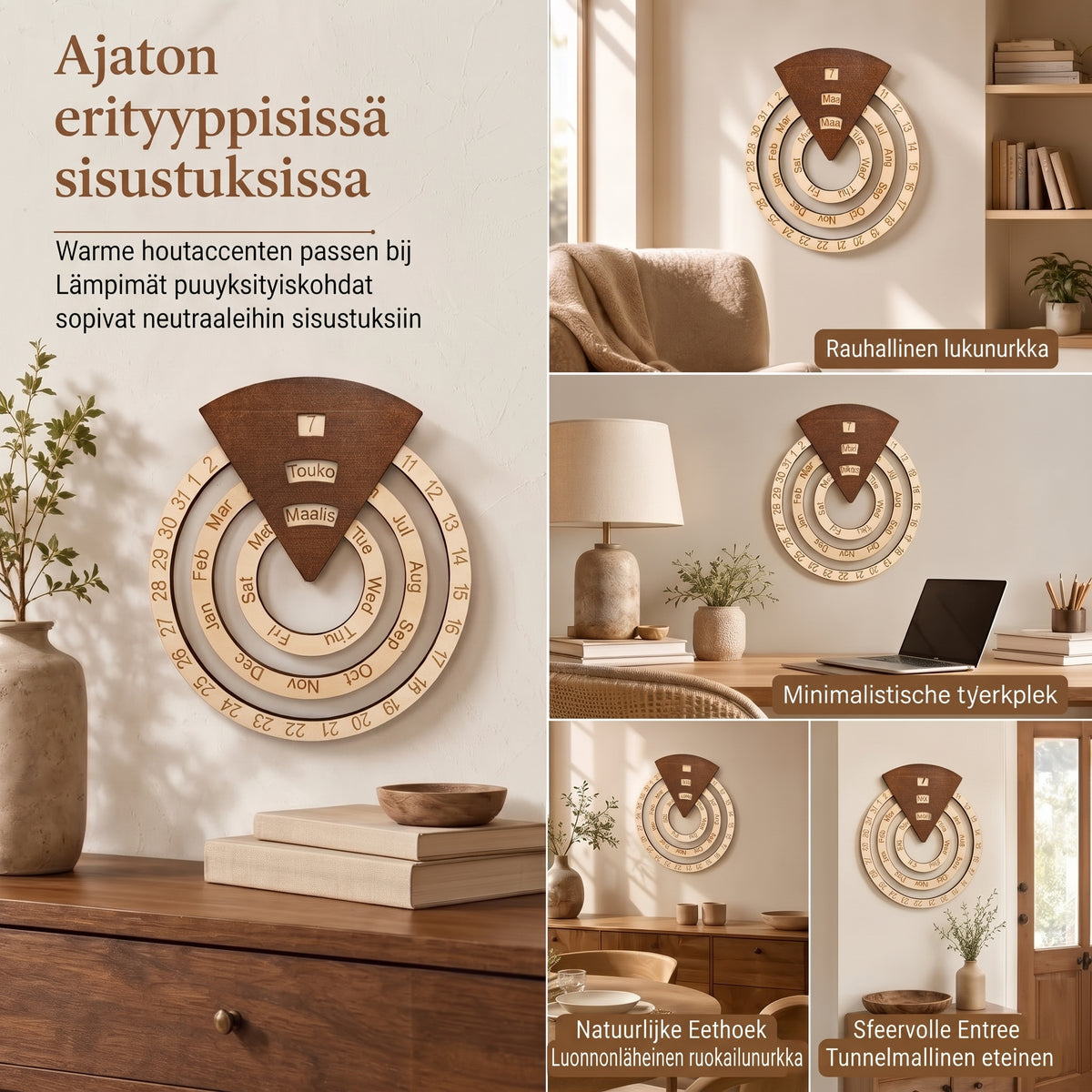Pyöreä pyörivä puinen ikuisuuskalenteri