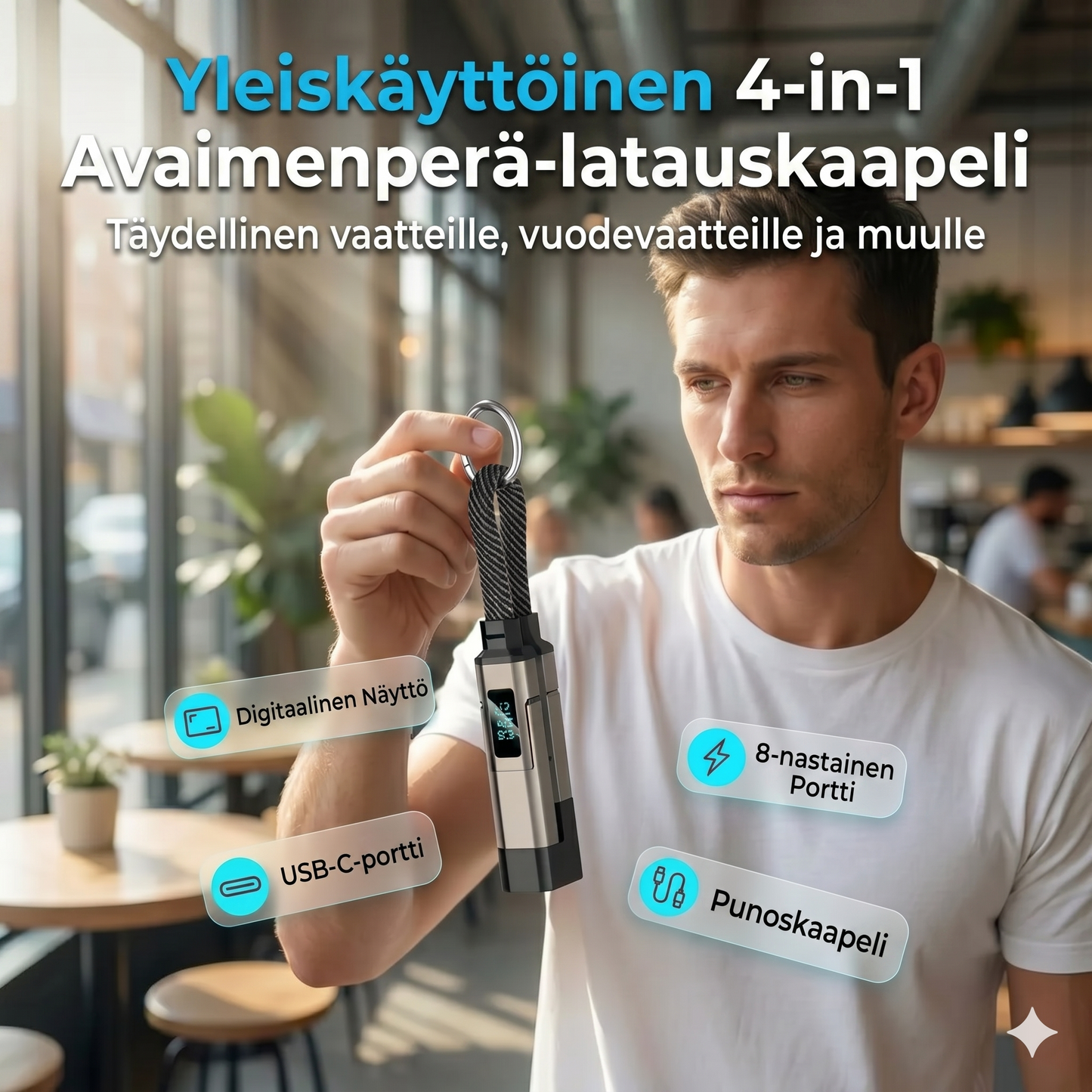 4-in-1 digitaalisella näytöllä varustettu avaimenperä-latauskaapeli