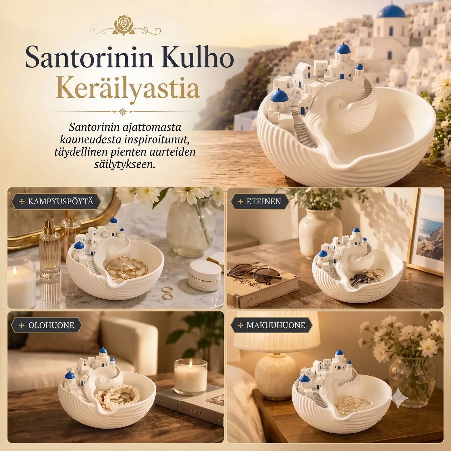Sininen kreikkalaistyylinen koriste-alusta koruille ja avaimille
