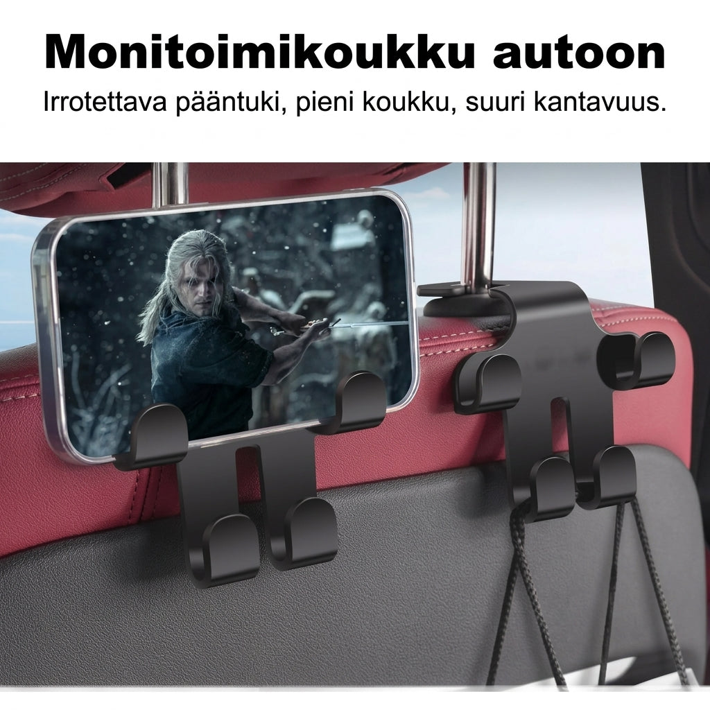 Auton niskatuen koukut laukuille 2 kappaleen setti