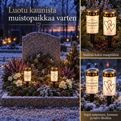 MinnesLjus LED-hautakynttilät 2 kappaleen setti aurinkokennolla tai paristolla