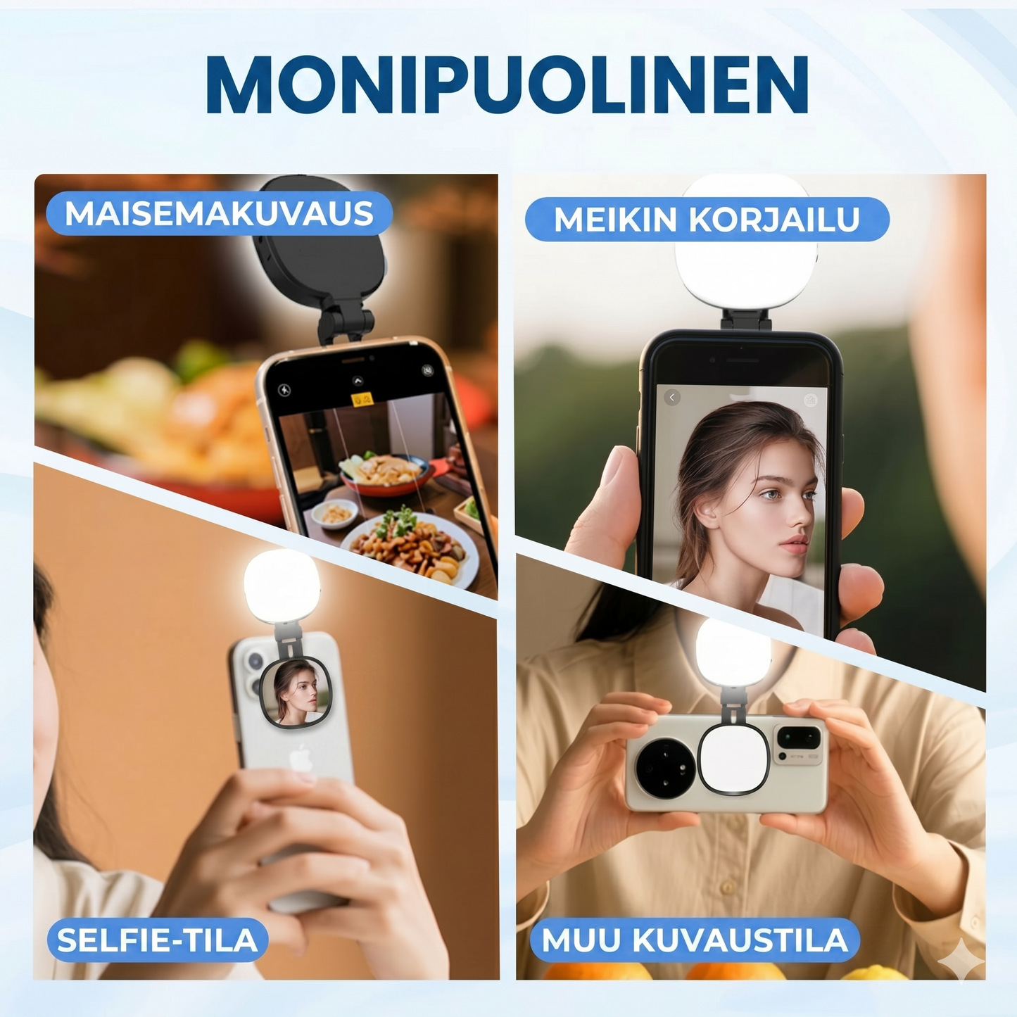 3-in-1 puhelinteline, peili ja magneettinen selfie-täytevalo