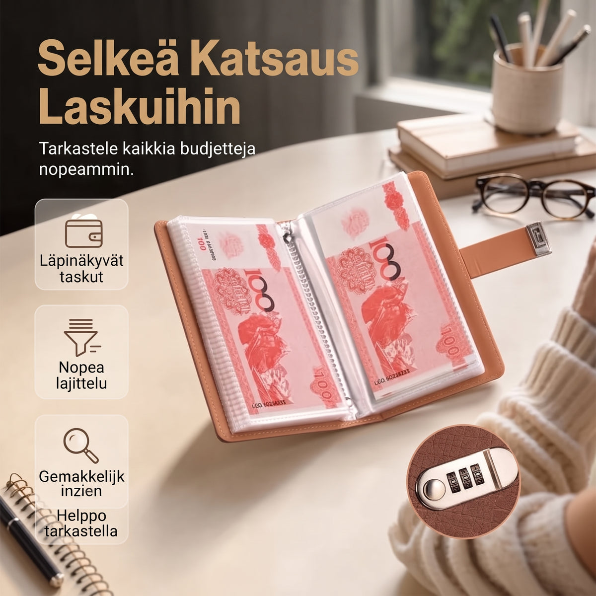 Säästökansio numerolukolla käteistä varten