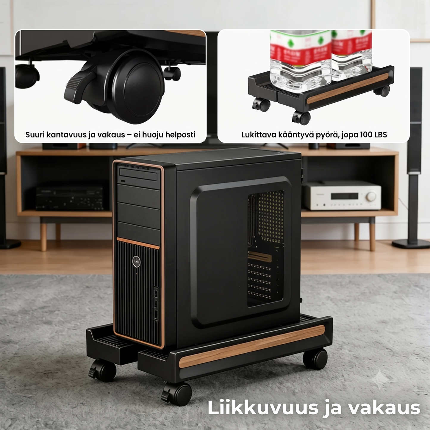 Säädettävä tietokoneteline pyörillä